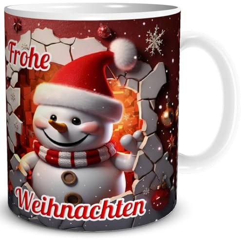 TRIOSK Weihnachtstasse 3D Illusion Schneemann mit Spruch Frohe Weihnachten - Lustiges Becher-Durchbruch Geschenk für Winterfreunde, Frauen, Männer & Kollegen - Keramik-Tasse 300 ml, Rot