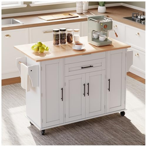 Wyibwy Isola cucina mobile, 136x70x92 cm, carrello da cucina con rotelle, piano di lavoro estensibile, cassetto portaposate, ripiani regolabili, portaspezie e portasciugamani, madia (Bianco)