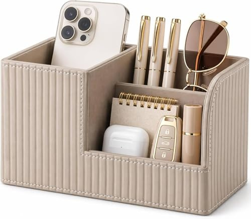 KINGFOM Stifte Organizer, PU Läder Stifthållare Skrivbord Med 3 Fack, Stiftslåda Stifteköcher, Skrivbordsorganisatör Stifte för Kontor/Hem (Beige)