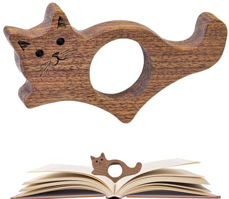 Kattbok, sidhållare, valnötsträ sidhållare, söt katt tumbok klämma för finger/tumm, läsargåva och tillbehör för läsning älskande läsare, böcker