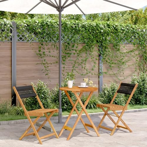Yunovire 3-TLG. Bistro-Set Schwarz, Polypropylen & Akazien-Massivholz, klappbar, für Garten, Balkon, Terrasse, Außenbereich, 110 kg Traglast