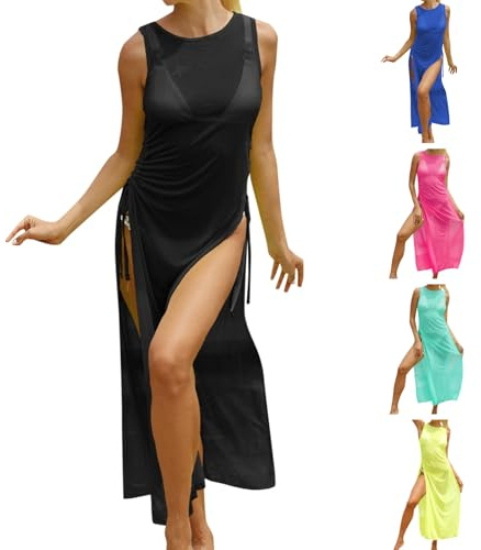 Vestido Playa Mujer Verano, Sexy Traje de Baño,Vestidos de Playa Largo Pareos Tul de Malla con Abertura Alta Vacaciones Piscina Playa y Fiesta Elegante Salida de Baño