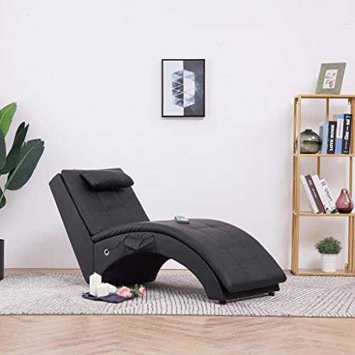 faucqel Massage Chaiselong med kudde svart konstläder, 145 x 54 x 72 cm, stålben, 5 massagelägen, värmefunktion, fjärrkontroll, ergonomisk relaxstol för vardagsrum och lounge