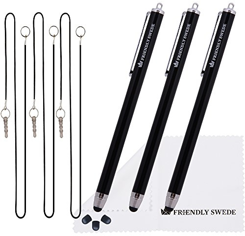 The Friendly Swede Eingabestift Touchstift Stylus Stift (3er-Set) für Tablett und Handy, mit dünnerer Spitze, Ersatzspitzen, Anhängern und Reinigungstuch (Schwarz)