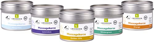 GREENDOOR MASSAGE SPAR-SET 5 vegane Natur Massagekerzen, 500ml, BIO Sojawachs und BIO Öle, natürlich ohne Tierversuche, warmes Massage-Öl Naturkosmetik Massagen, Geschenke Geschenk-Set