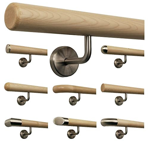 Corrimano in acero per scale, manico in legno ad angolo, supporto in acciaio inox, lunghezza 30-500 cm da un unico pezzo/variante: 90 cm con 2 supporti raggio fresato