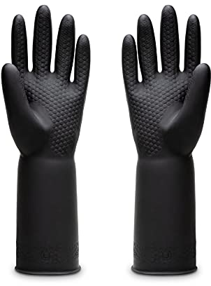 Uxglove Guanti in lattice resistenti agli agenti chimici, guanti protettivi di sicurezza per la pulizia del lavoro, guanti in gomma resistente, 32 cm, colore nero, 1 paio, taglia L