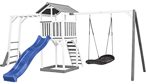 AXI Beach Tower Wooden Play Tower in Grey and White | Play tower with Sandpit, climbing frame, nesting swing and blue slide | Play house on stilts for the garden