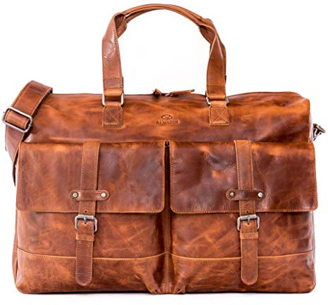 ALMADIH XL Leder Reisetasche Herren Sporttasche Kane - Premium Rindsleder BH Weekender Handgepäck Gym Fitness Tasche Duffle Bag Trainingstasche mit Laptopfach Umhängetasche Damen (Kane braun Havana)