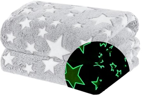 WICKED GIZMOS Glow in the Dark Blanket – Soft Fluffy Fleece Blanket for Kids, Cosy & Snuggly Flannel Throw, for Girls or Boys – Grey Stars, 127 x 152 cm
