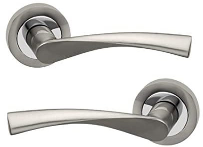 Shaped Lever Door Handles on Round Rose in Dual Finish - Pair of Internal Door Handles - Satin/Chrome