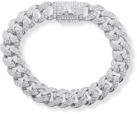 HALUKAKAH Más 400 Diamantes Chapado en Platino Pulsera de Cadena de Eslabón Cubano para Hombre y Mujer,Cierre de Letra de Burbuja 3D Inicial A -con Caja de Regalo-Idea de Regalo para Seres Queridos