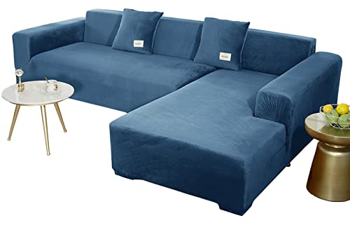 JHLD Sofabezug L Form, Stretch Sofabezug Samt L-förmiger Sofabezug Weiche Anti-rutsch Sofa Überwürfe Für Ecksofa-Blau-2 Sitzer+3 Sitzer