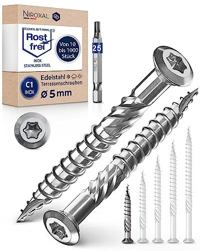 Tornillos para terraza 5x40 de acero inoxidable C1 con cabeza alomada, muesca de corte y aletas peladoras para 500 unidades, tornillos Torx 40 mm de largo + 1 punta Torx hexagonal