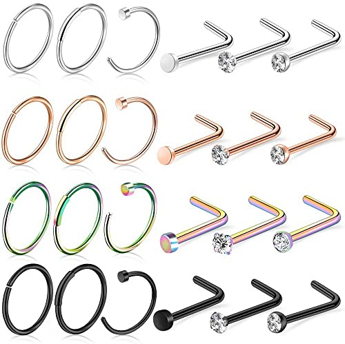 Defrsk 24 Pcs Nose Rings for Women - 20G Nose Piercing Jewellery Hoop Rings Gift