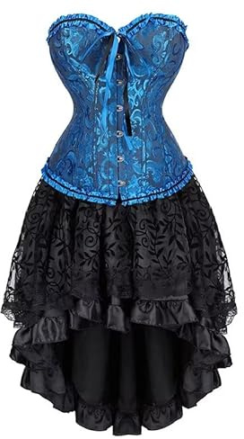 Corset Dress Corsage Korsett Kleid Für FrauenBustier Spitze Rock Tutu Set Plus Size Viktorianisches Kostüm Damen Blau XL