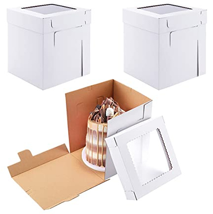 Huoshange Tall Cake Boxes for Tier Cakes,8X8X10 Inch [4Pack ] Thick Sturdy Cake Box with Window,White Cake Carrier, Disposable Cake Containers