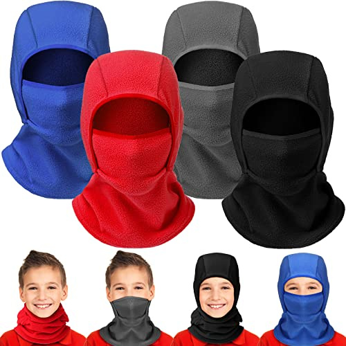 Sintege 4 Pcs Kids Balaclava Face Mask for Boy Girl Warm Windproof Fleece Face Mask Ski Mask for Skiing Cycling Winter Hat Ski Gear (Black, Grey, Red, Blue)