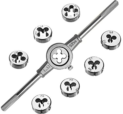 Set di rubinetti e matrici metriche 8 pezzi, maschi e fustelle metriche, Regolabile vite filettatura, con Chiave da 1 Pezzo Strumenti di Riparazione per Filettatura Maschio per tagliare le filettature