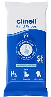 Clinell Antimicrobial Hand Wipes - Sanitising for Cleaning & Disinfecting, Travel-Friendly - Dermatologically Tested, Kills 99.99% of Bacteria & Viruses - Pack of 30, Blue