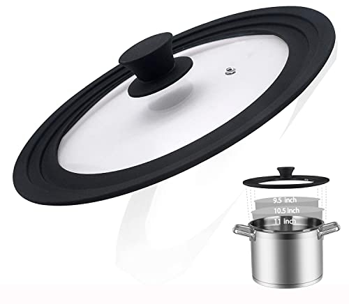 Universal Lid for Pots, Pans and Skillets - Tempered Glass Covered with Heat Resistant Silicone Rim and Heat Resistant Handle Fits 24cm, 26cm and 28cm Diameter Cookware, Black