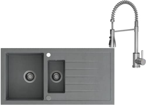VBChome Spülbecken mit Armatur 100 x 50 cm Einzelbecken Grau Granit Rechteckig Reversibel Einbauspüle Gesprenkelt Großes Tiefes Becken Siphon Armatur