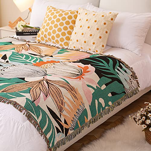 LumiSyne Coperte Double-Face Plaid In Cotone Intrecciato Con Nappina Giungla Stile Bohemien Arazzo Scialle Decorativo Coperta Da Tiro Per Letto Divano Coperta Campeggio Tovaglia Tappeto 160x130cm