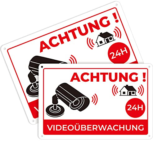 K&F Concept 2 Stück Achtung Videoüberwachung Schild 20 x 30 cm aus Aluminium, Alu Warnschild Kamera Überwachung für Überwachungskamera/Kamera Attrappe -Achtung Videoüberwachung für Privatgrundstück