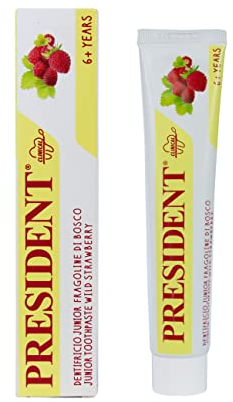 President DENTIFRICIO JUNIOR 6+ per bambini dai sei anni in su. Gusto Fragoline di bosco, anticarie, protegge gengive e smalto dei denti. Senza parabeni, SLS, allergeni e PEG - RDA 30-50 ml