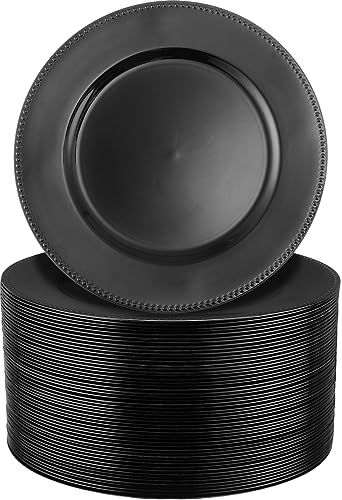 Dandat 50 Pack 13 Inch Black Plastic Round Dinner Charger Plates with Beaded Rim, Reusable Wedding Party Dinner Table Decoration