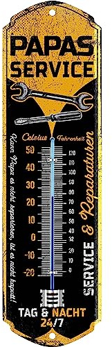 LANOLU Targa in metallo retrò PAPAS SERVICE Termometro – Targa da officina Papà – regalo di compleanno o festa del papà decorazione retrò con scritta – targa vintage in metallo con curvatura 8 x 28 cm