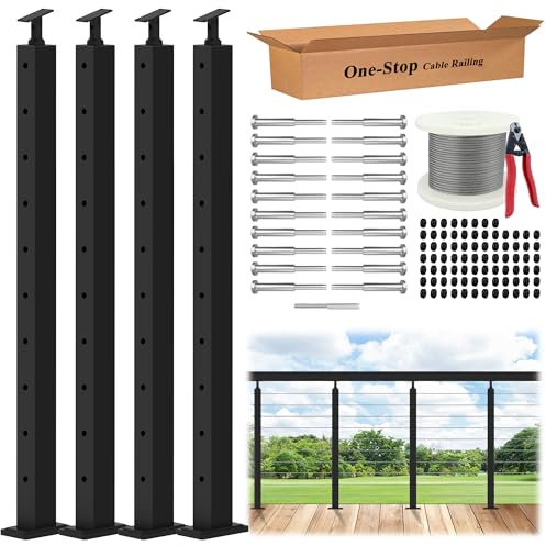 Gyykzz Black Cable Railing Kit 12–16FT, 36 Modular Railing System 4 Level Post Kit with Swage Terminals, Silver Cable Length Adjustable Friendly Kit Easy DIY for Deck, Stair, Balcony (No Handrail)