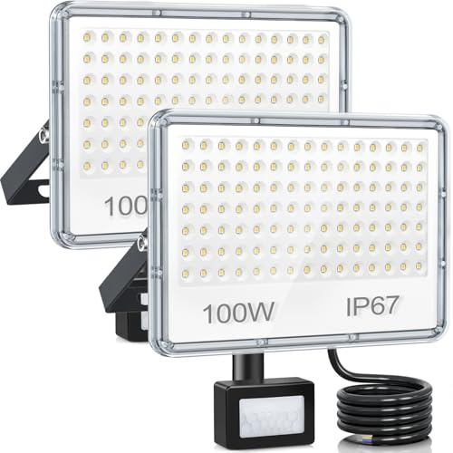 YIQIBRO Projecteur LED Exterieur Detecteur de Mouvement 100W, Lot de 2 Spot LED Extérieur Detecteur de Mouvement 10000LM 6500K, IP67 Etanche Eclairage pour Jardin Patio Garage