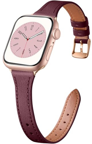 CeMiKa Bracelet Cuir Etroit Compatible avec Apple Watch 42mm 44mm 45mm 46mm | Bracelet Cuir Classique de Remplacement pour Apple Watch SE3 SE Series 11 10 9 8 7 6 5 4 3, Femmes Hommes, Rouge Vin