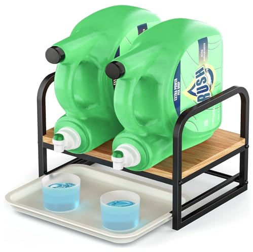 PAPAGIFTREE Laundry Detergent Holder Stand, Liquid Detergent Dispenser Shelf Organizer with Cleanable Drip Tray, Liquid Holder Stand Catcher for Laundry Room Organization and Storage (Flat-Black)