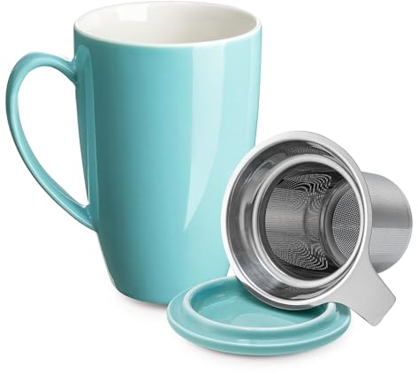 LeKuni Tasse à thé en porcelaine avec infuseur et couvercle, accessoire de thé avec filtre, tasse à thé en vrac avec infuseur, 450 ml pour thé/café/lait/bureau/maison/cadeau (Turquoise)