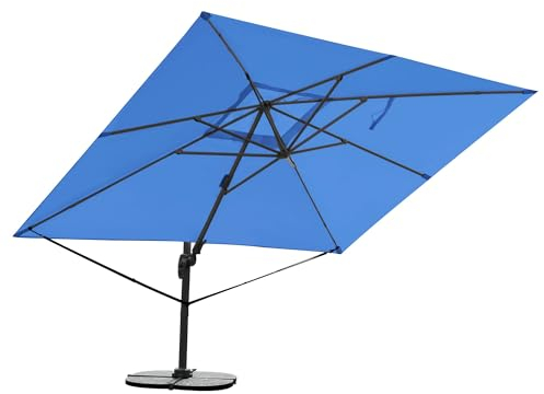 RS Trade Sonnenschirm Ampelschirm 3x4m groß rechteckig, mit Windsicherung, Ständer und Schutzhülle, drehbar neigbar kippbar mit Kurbel, windstabil für Garten Terrasse Balkon Gastronomie, blau