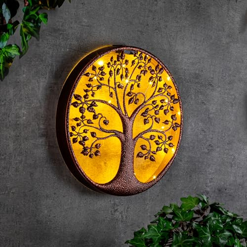 Spetebo LED Solar Wanddeko BAUM antik bronze 40 cm Metall | Wand Bild warm weiß beleuchtet, Garten Deko, Beleuchtung Terrasse Balkon Dekoration