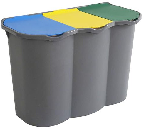 PALUPLUS Pattumiera a 3 Scomparti per Raccolta Differenziata, misura 74x35x55 e Capacità 80 Litri, Anelli Ferma Sacchetto, Secchio per Spazzatura con Coperchi Azzurro, Giallo e Verde -9606