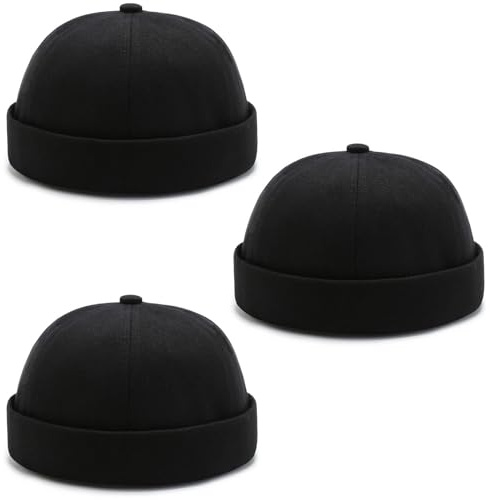 DIYDECAL 3 Pack Mens Brimless Skullcap Sailor Docker Cap Rolled Cuff Retro Beanie Hat-Black