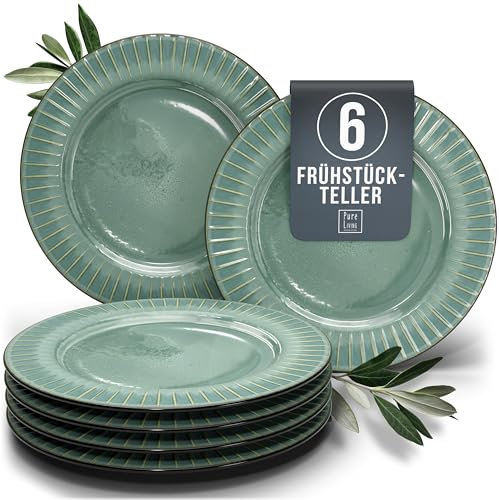Steingut Frühstücksteller 6 Pers. Tokyo Hochwertiges Asia-Style TEST SEHR GUT Dessertteller Set - Kuchenteller, Kleine Teller, Salatteller - 6 Personen Geschirr Pure Living in Grün