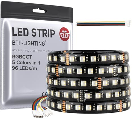 BTF-belysning RGBCCT 5 färger i 1 5050SMD LED-remsa DC24V 5M 96LEDs/m 480LED RGB+varm vit svart PCB IP65 vattentät för rums- och köksdekoration (kontroll och strömförsörjning ingår inte)