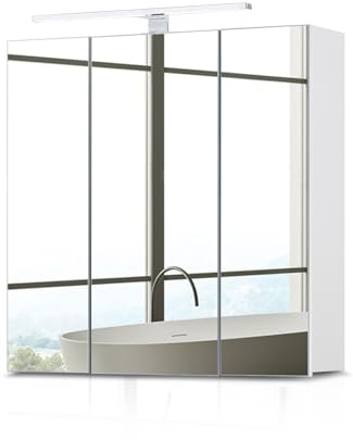 CLIPOP Spiegelschrank mit LED Beleuchtung, Badezimmerschrank Wandschrank mit 3 Türen, 6 höhenverstellbare Hartglasplatten, Badezimmer mit Spiegel und Aufbewahrungsregalen, Badschrank 70x70x16cm Weiß