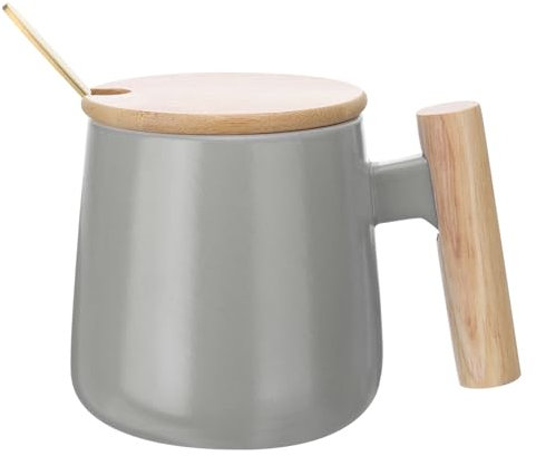 QUARKZMAN 12.85 Oz Taza de Café de Cerámica con Asa de Madera Simple, Taza de Té Grande Hecha A Mano, Juego de Regalo de Tazas de Cerámica con Tapa y Cuchara para Oficina Cocina Casa, Gris