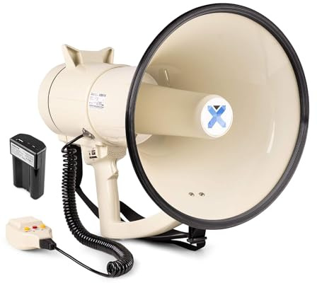 Vonyx MEG120 - Akku Megafon mit Sirene und Mikrofon, inkl. 1x Ersatz-Akku, Bluetooth, Aufnahmefunktion, 120 Watt Megaphon mit Mikrofon, bis 1600 Meter, USB, SD & AUX, Megaphon mit Umhängegurt, Beige