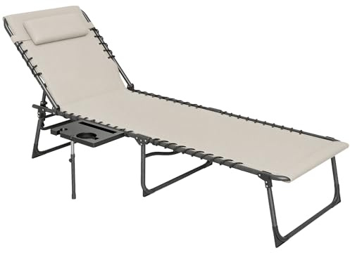 Outsunny Tumbona Plegable con Respaldo Ajustable 120 kg 190x60x31 cm Crema | Tumbona Jardín Exterior, Reposacabezas, Bolsillo Lateral, Bandeja, Estructura de Acero, para Terraza Piscina Playa