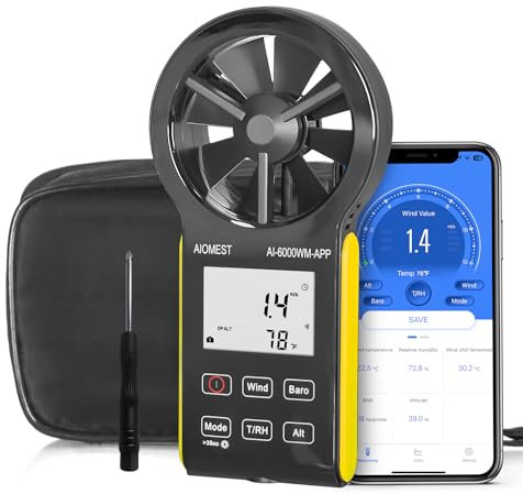 AOPUTTRIVER 6000WM-APP Handheld Digital Anemometer, CFM Anemometer with Temperature (°C/°F), 5 Units, Wind Speed, Air Volume and Temperature Measurement for HVAC, Marine