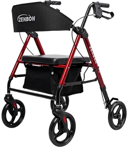 Déambulateur pliable et léger en aluminium : déambulateur pour personnes âgées Déambulateur pliable avec siège pour l'appartement avec pneus de 20 cm 6 positions de réglage de la hauteur (rouge)
