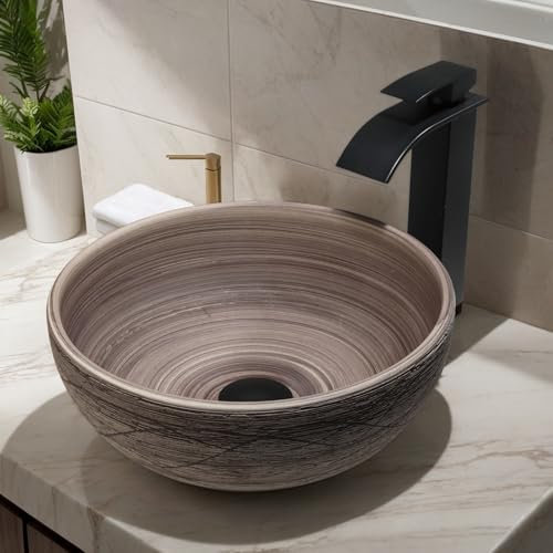 Lonuebu 14-inch Round Ceramic Vessel Sink with Black Waterfall Faucet & Pop-Up Drain, Vintage Bathroom Sink for Countertop, 6-inch Height, Retro Porcelain Basin with Matte Black-brown pattern
