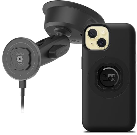 Quad Lock Heavy Duty Suction Car Phone Mount with MAG Phone Case and MAG Wireless Charging Head for iPhone 15